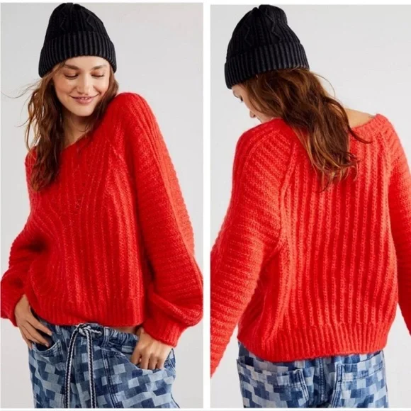 BOGO! Free People Carter Soft Chunky Knit Pullover Red Size Medium - Picture 2 of 10